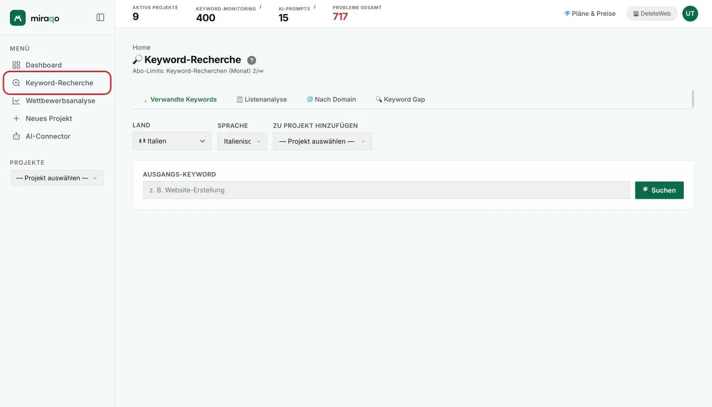 Die Seite Keyword-Recherche: die vier Modi oben, die Felder Land, Sprache und Zu Projekt hinzufügen, und das Feld Startkeyword mit dem Button Suchen
