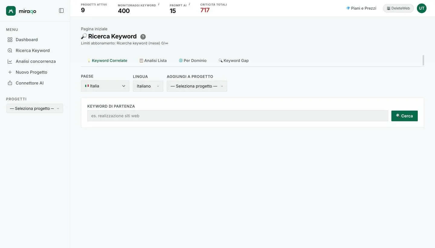 La pagina Ricerca Keyword: le quattro modalità in alto, i campi Paese, Lingua e Aggiungi a progetto, e il campo Keyword di partenza con il pulsante Cerca