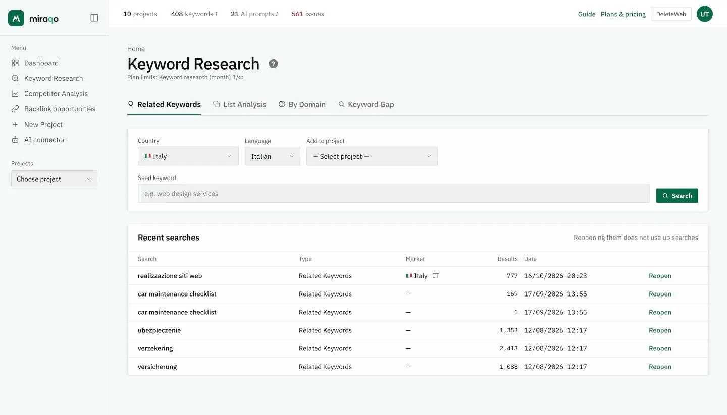 The Keyword Research page: the four modes at the top, the Country, Language and Add to project fields, and the seed Keyword field with the Search button