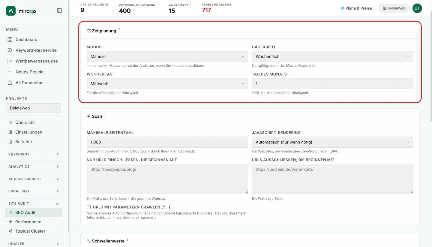Die Seite Audit-Einstellungen mit der hervorgehobenen Karte Scheduling: die Menüs Modus und Frequenz, der Wochentag und der Tag des Monats