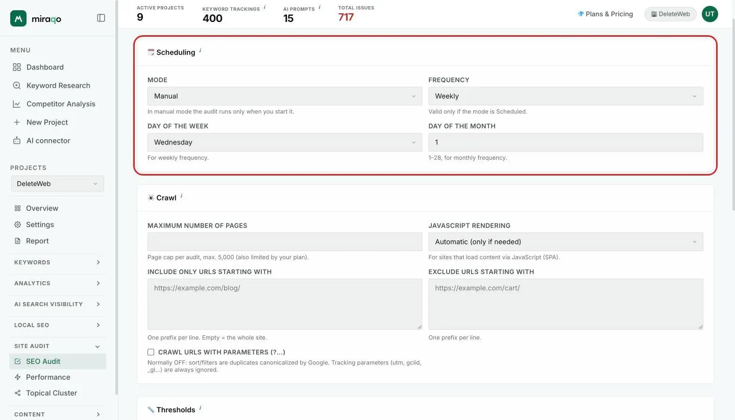 The Audit Settings page with the Scheduling card, highlighted: the Mode and Frequency menus, the Day of the week and the Day of the month