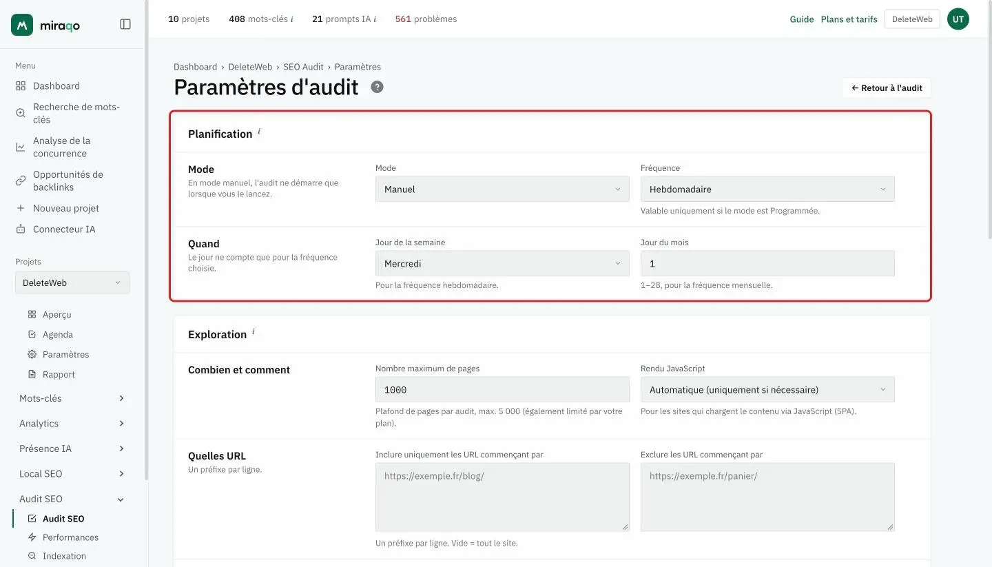 La page Paramètres d’audit avec la carte Planification mise en évidence : dans la ligne Mode, les menus Mode et Fréquence ; dans la ligne Quand, le Jour de la semaine et le Jour du mois