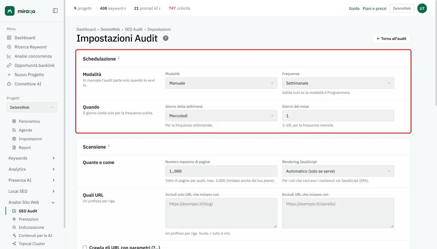 La pagina Impostazioni Audit con la card Schedulazione evidenziata: nella riga Modalità i menu Modalità e Frequenza, nella riga Quando il Giorno della settimana e il Giorno del mese