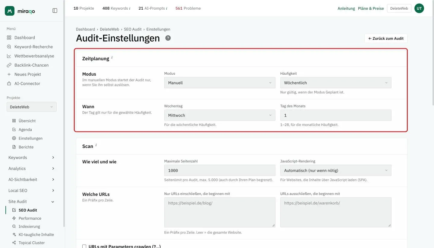 Die Seite Audit-Einstellungen mit der hervorgehobenen Karte Zeitplanung: in der Zeile Modus die Menüs Modus und Häufigkeit, in der Zeile Wann der Wochentag und der Tag des Monats