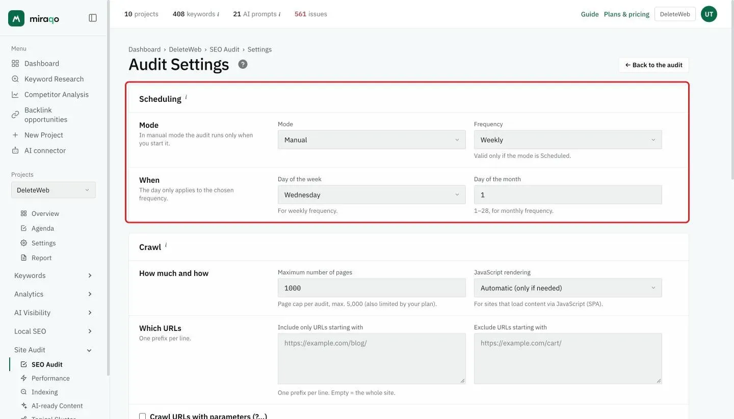 The Audit Settings page with the Scheduling card, highlighted: in the Mode row the Mode and Frequency menus, in the When row the Day of the week and the Day of the month