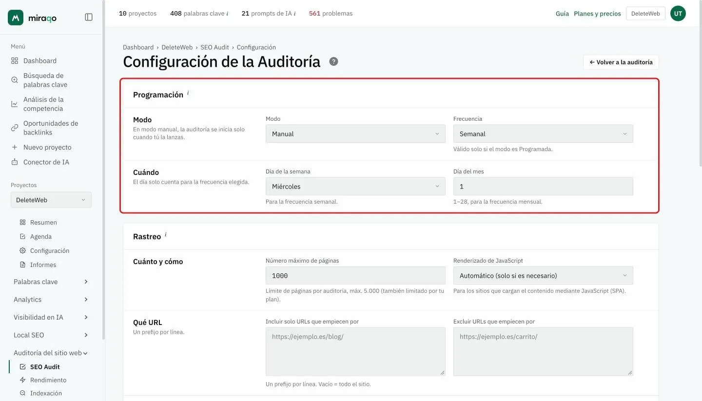 La página Configuración de la auditoría con la tarjeta Programación, resaltada: en la fila Modo los menús Modo y Frecuencia, en la fila Cuándo el Día de la semana y el Día del mes