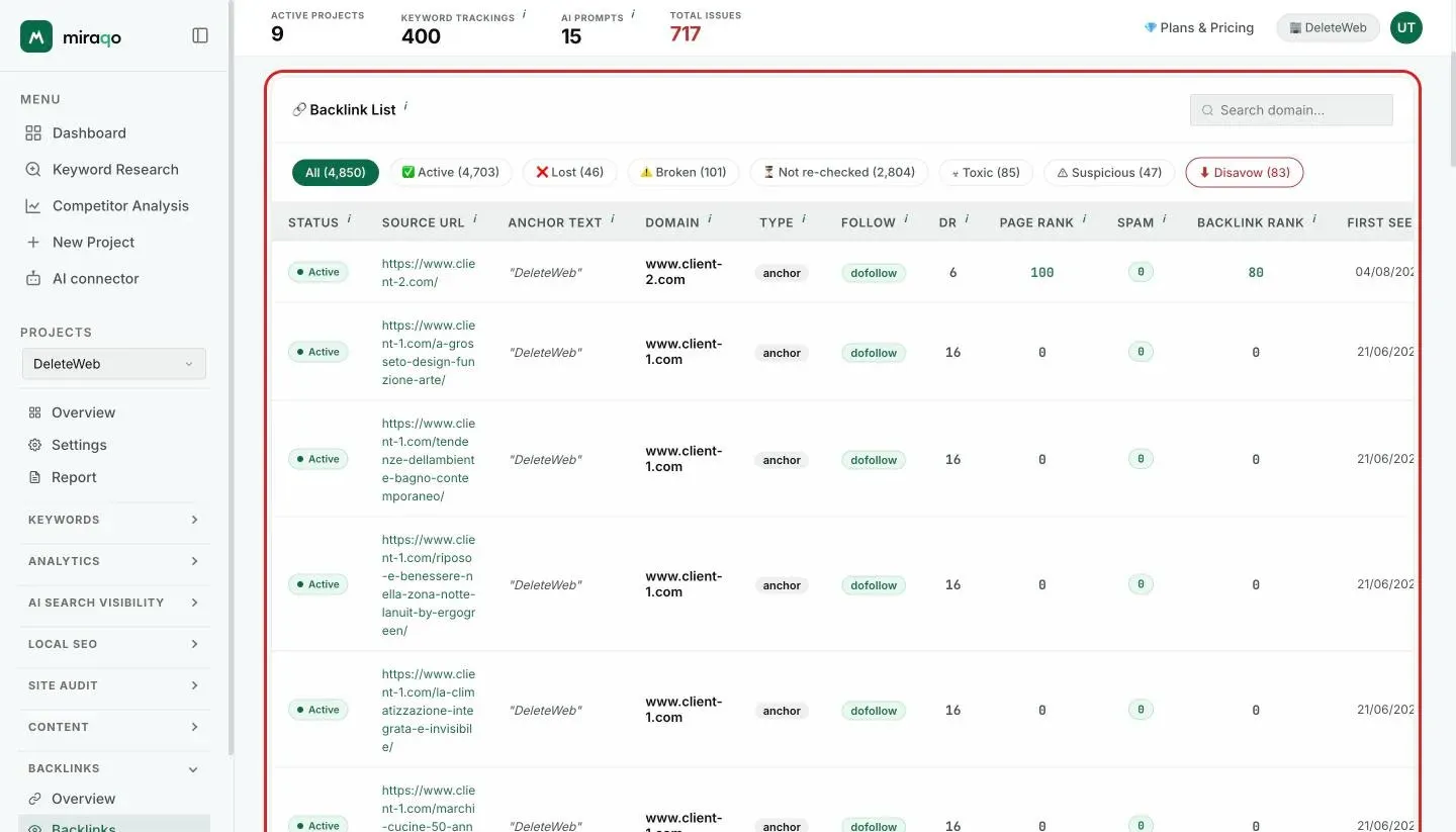 The Backlink monitoring page: the six stat cards at the top and, in the Backlinks list card, the highlighted chip row with All, Active, Lost, Broken, Not re-checked, Toxic, Suspicious and Disavow, plus the domain search; below, the table begins
