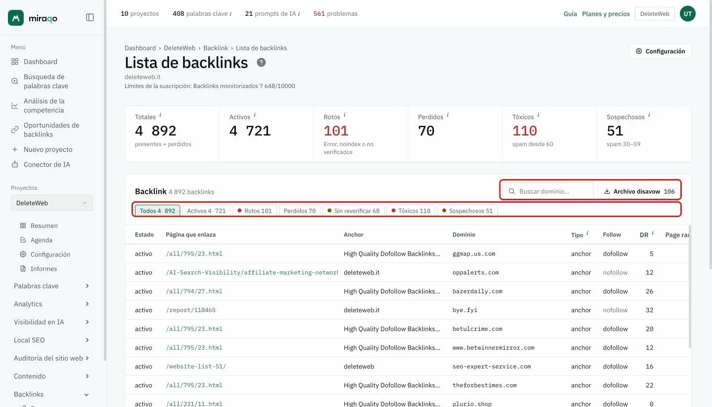 La página Lista de backlinks: las seis cifras de arriba y, en la tarjeta Backlinks, resaltados los chips Todos, Activos, Rotos, Perdidos, Sin reverificar, Tóxicos y Sospechosos y, a la derecha, la búsqueda por dominio con el botón Archivo disavow; debajo empieza la tabla