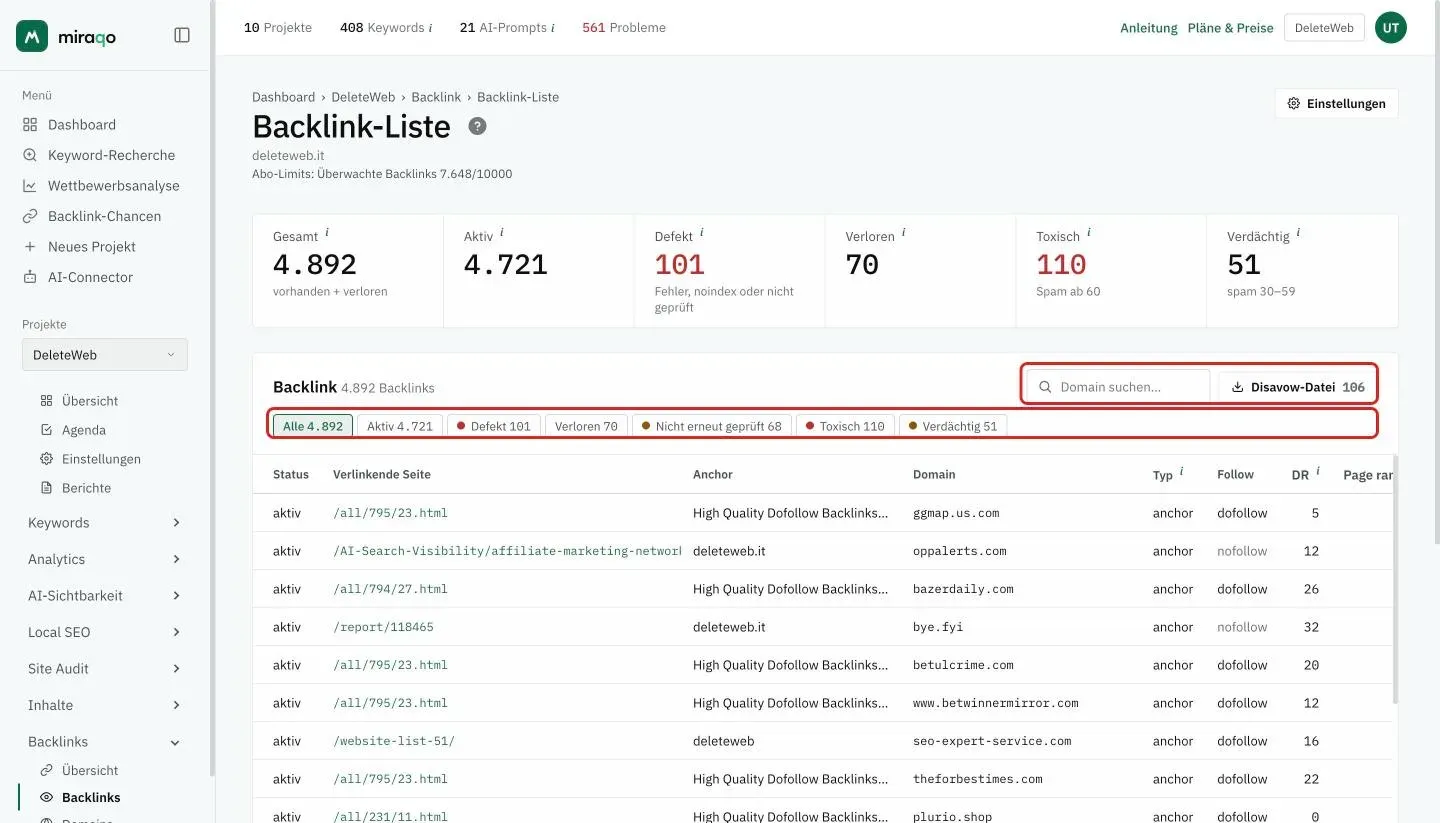 Die Seite Backlink-Liste: die sechs Kennzahlen oben und, in der Karte Backlink, hervorgehoben die Chips Alle, Aktiv, Defekt, Verloren, Nicht erneut geprüft, Toxisch und Verdächtig und rechts die Suche nach Domain mit dem Button Disavow-Datei; darunter beginnt die Tabelle