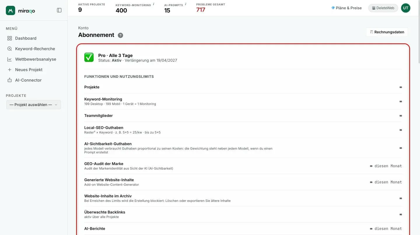 Die Seite Abonnement: die Statuskarte mit Plan, Häufigkeit, Status Aktiv und Verlängerungsdatum, dann die Liste Funktionen und Nutzungslimits mit einer Zeile pro Ressource; oben rechts der Button Zahlungen verwalten