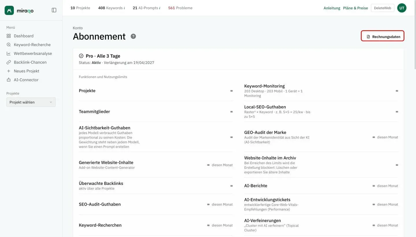 Die Seite Abonnement: die Statuskarte mit Plan, Häufigkeit, Status Aktiv und Verlängerungsdatum, dann Funktionen und Nutzungslimits in zwei Spalten mit einer Zeile pro Ressource; oben rechts hervorgehoben der Button Rechnungsdaten