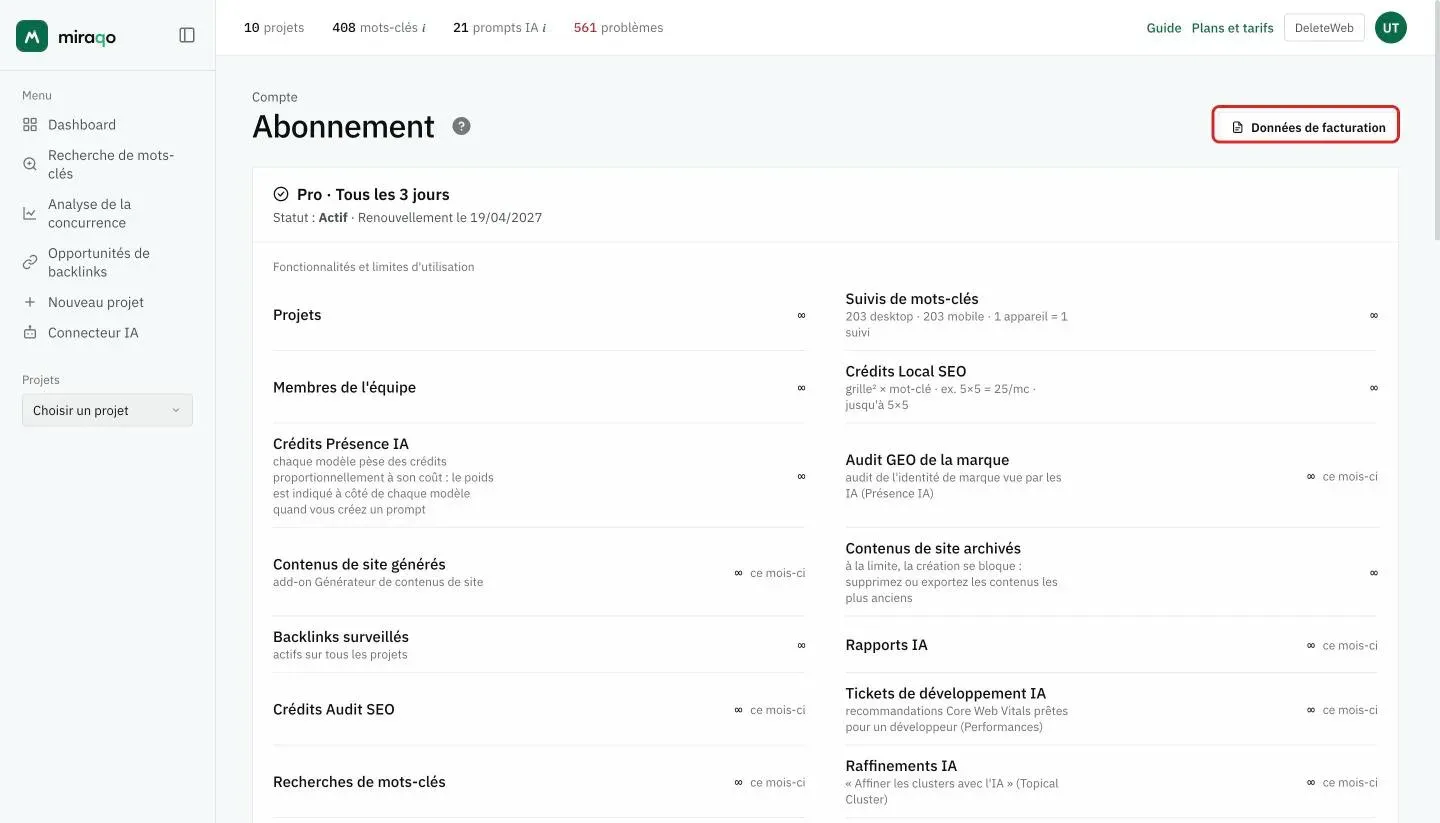 La page Abonnement : la carte d’état avec le plan, la cadence, le statut Actif et la date de renouvellement, puis Fonctionnalités et limites d’utilisation sur deux colonnes, une ligne par ressource ; en haut à droite, le bouton Données de facturation mis en valeur