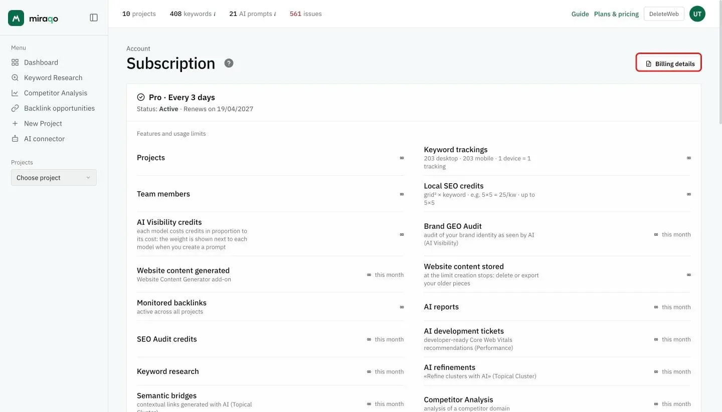 The Subscription page: the status card with plan, cadence, Active status and renewal date, then Features and usage limits in two columns, one row per resource; top right the Billing details button highlighted