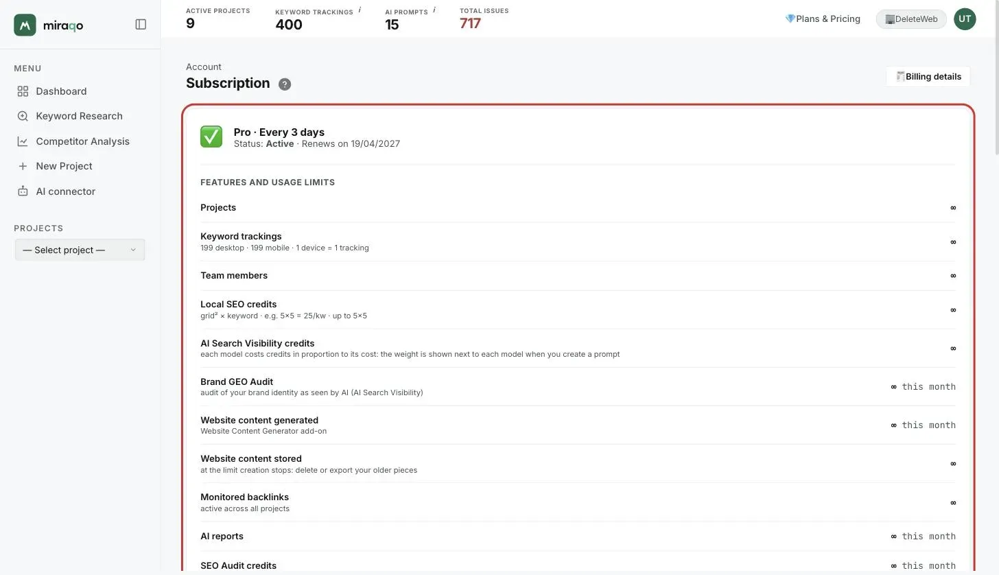 The Subscription page: the status card with plan, cadence, Active status and renewal date, then the Features and usage limits list with one row per resource; top right the Billing details button