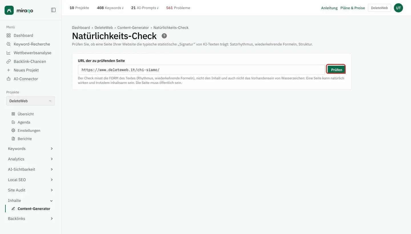 Die Seite Natürlichkeits-Check: das Feld für die URL der zu prüfenden Seite mit einer eingetragenen Adresse und der hervorgehobene Button Prüfen