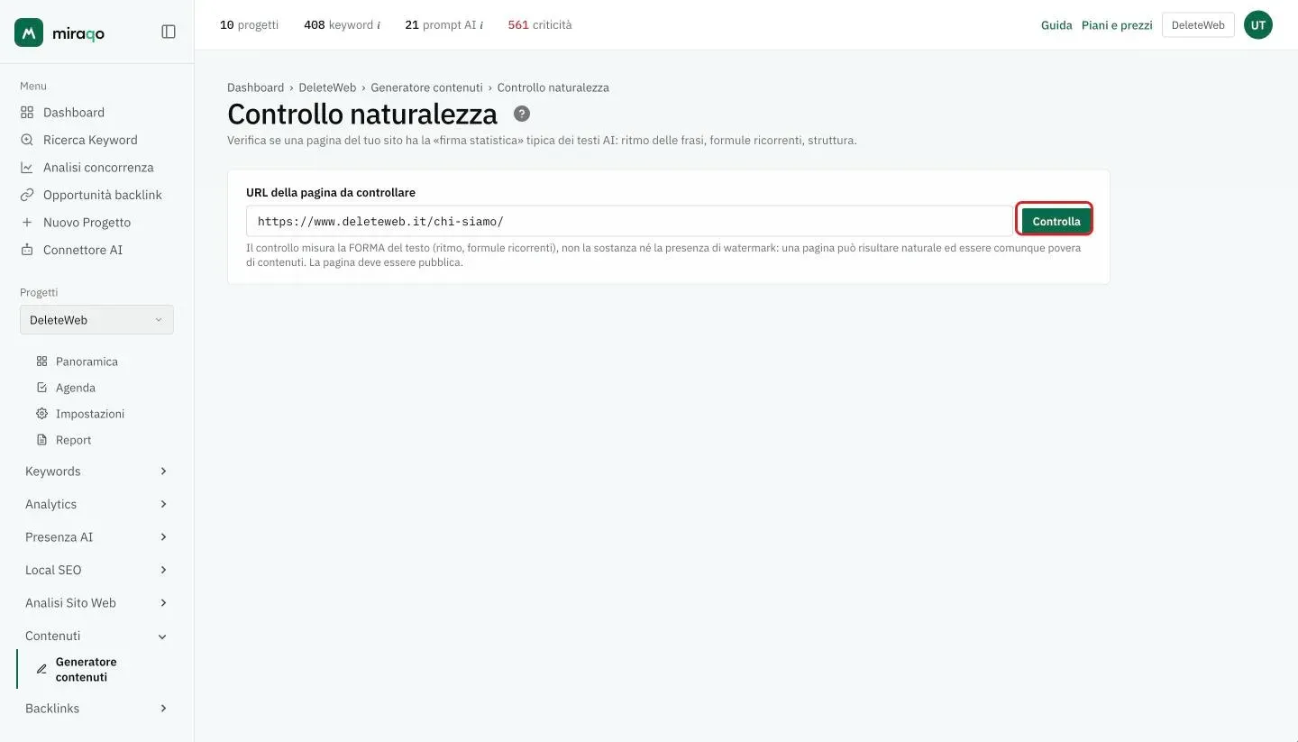La pagina Controllo naturalezza: il campo URL della pagina da controllare con un indirizzo inserito e il pulsante Controlla evidenziato