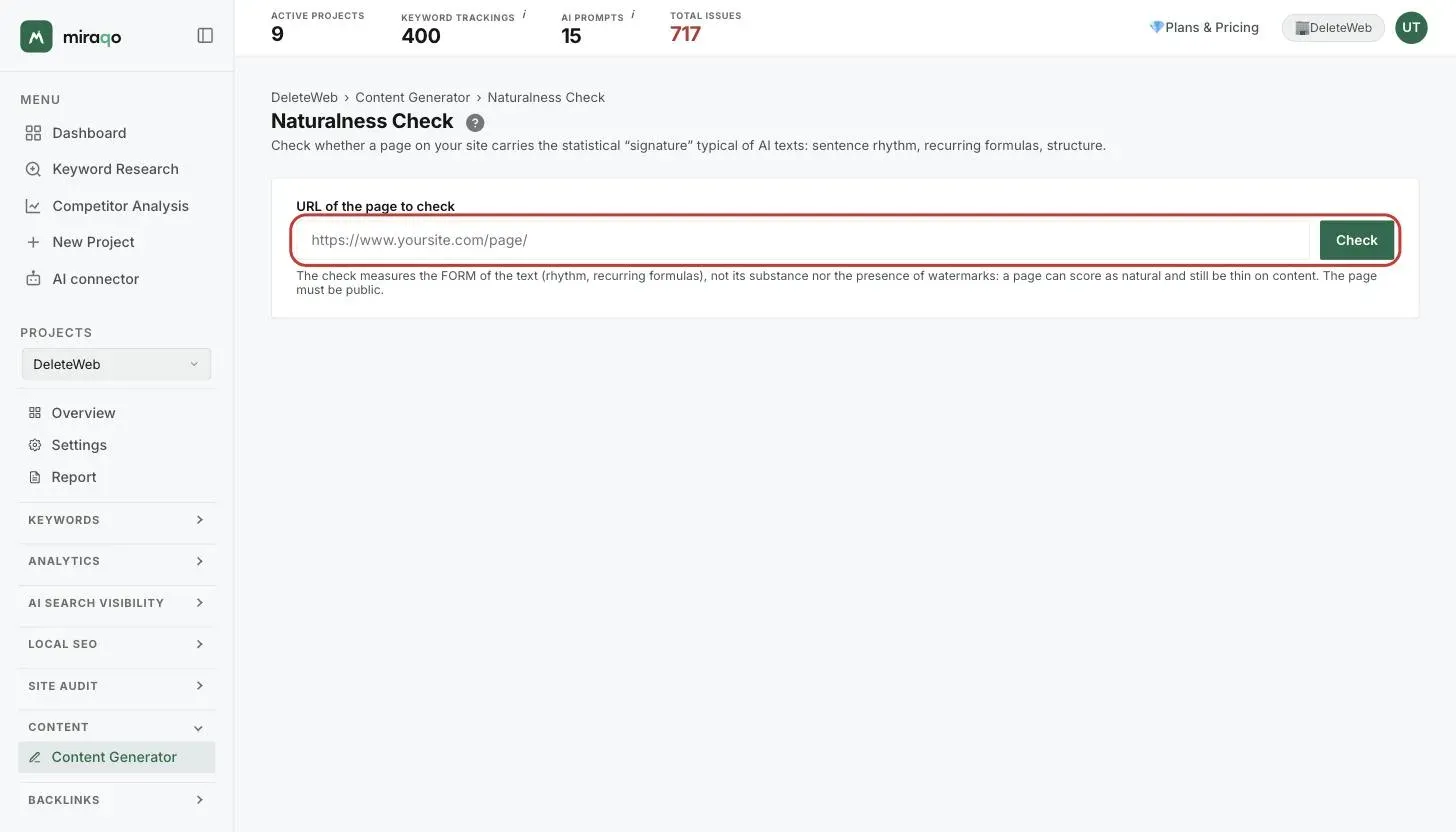 The Naturalness Check page: the URL field for the page to check with an address entered and the Check button