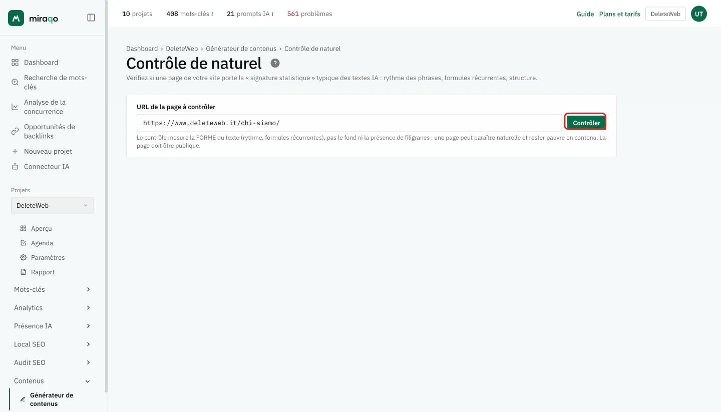 La page Contrôle de naturel : le champ URL de la page à contrôler avec une adresse saisie et le bouton Contrôler mis en valeur