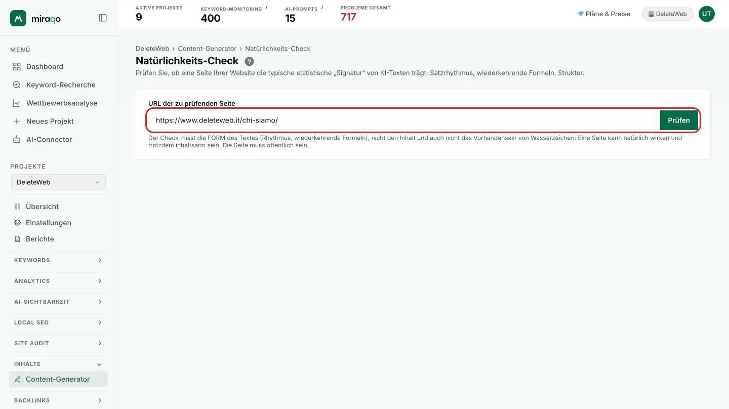 Die Seite Natürlichkeits-Check: das Feld für die URL der zu prüfenden Seite mit einer eingetragenen Adresse und der Button Prüfen