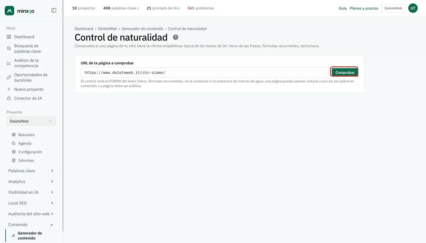 La página Control de naturalidad: el campo URL de la página a comprobar con una dirección introducida y el botón Comprobar resaltado