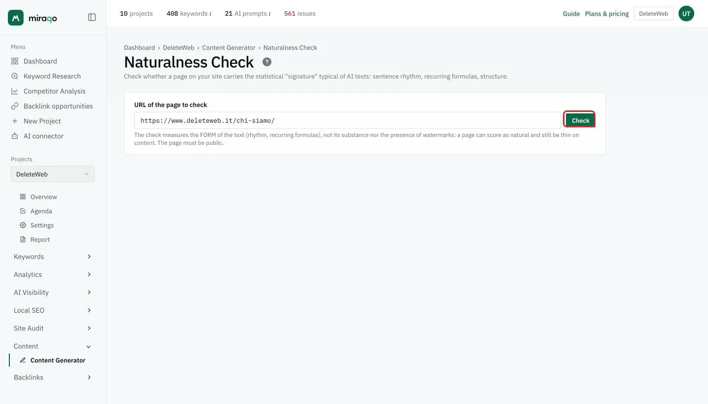 The Naturalness Check page: the URL field for the page to check with an address entered and the Check button highlighted