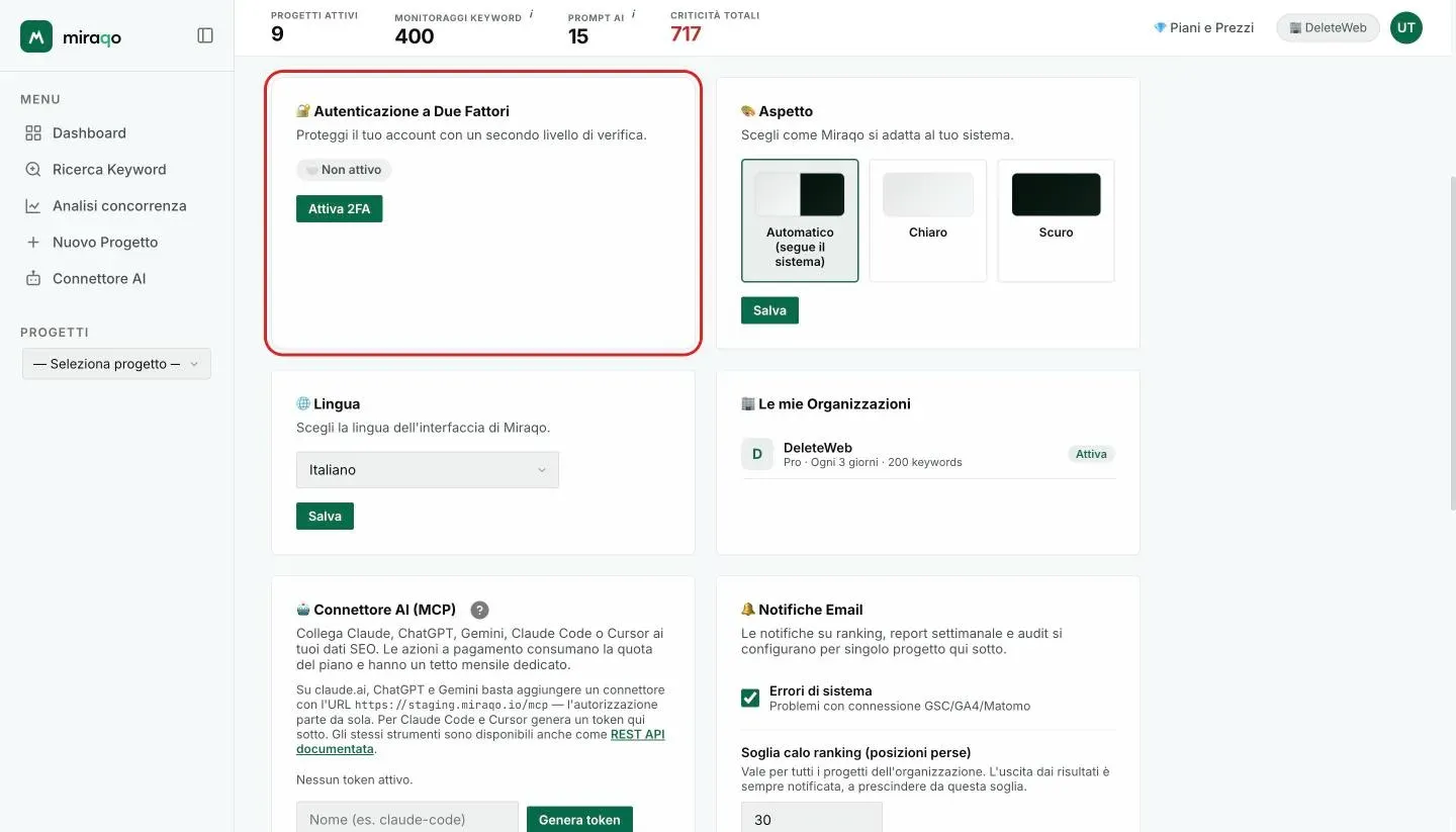 La card Autenticazione a Due Fattori evidenziata, con lo stato Non attivo e il pulsante Attiva 2FA; accanto la card Aspetto con le tre opzioni Automatico, Chiaro e Scuro