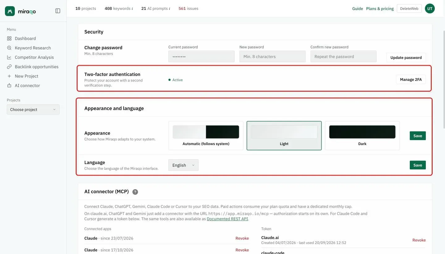 Highlighted, the Two-factor authentication row, with the Active status and the Manage 2FA button, and the Appearance and language card with the three options Automatic, Light and Dark and the Language menu, each with its own Save