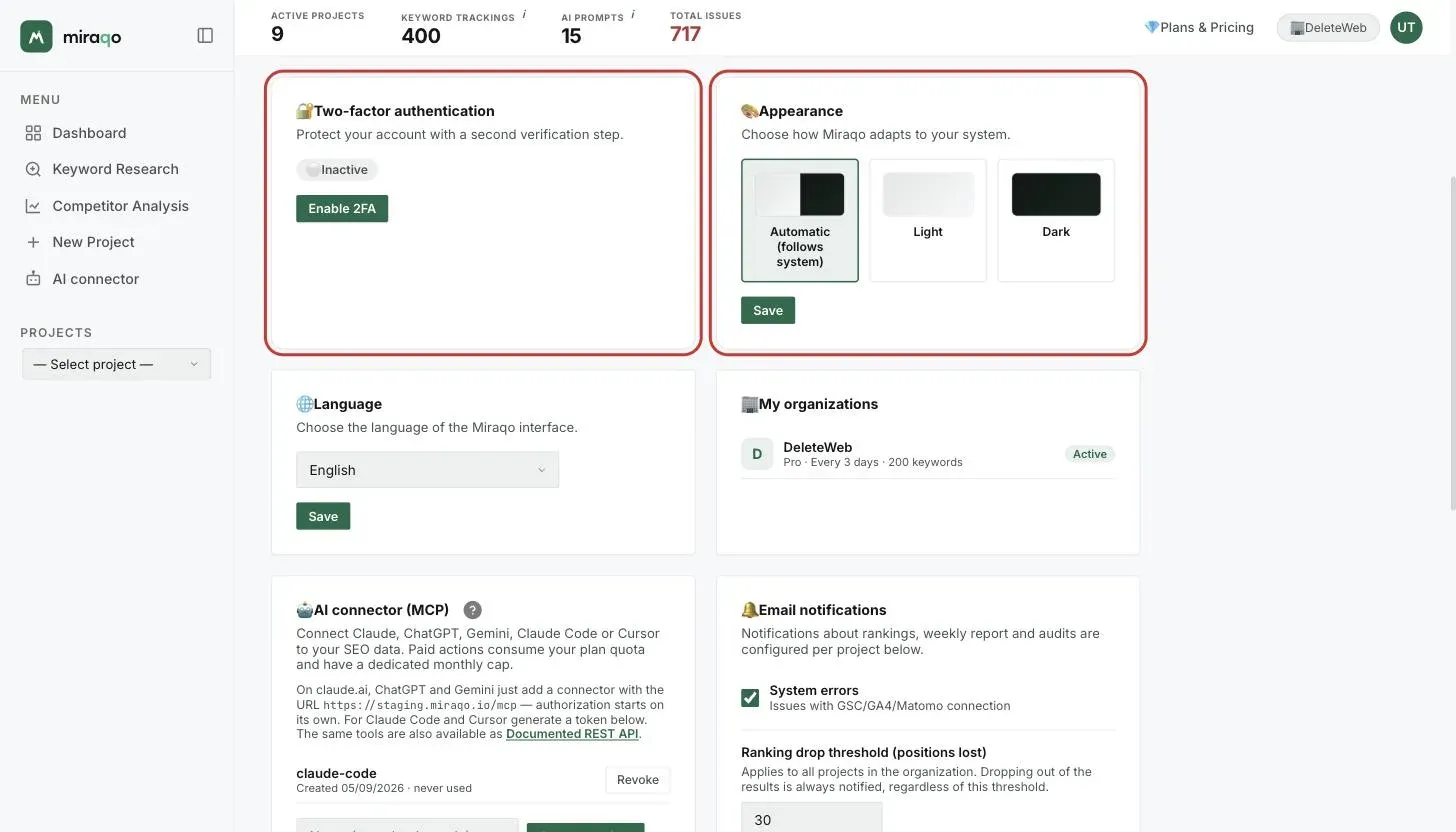 The Two-Factor Authentication card, highlighted, with the Not active status and the Enable 2FA button; next to it, the Appearance card with the three options Automatic, Light and Dark
