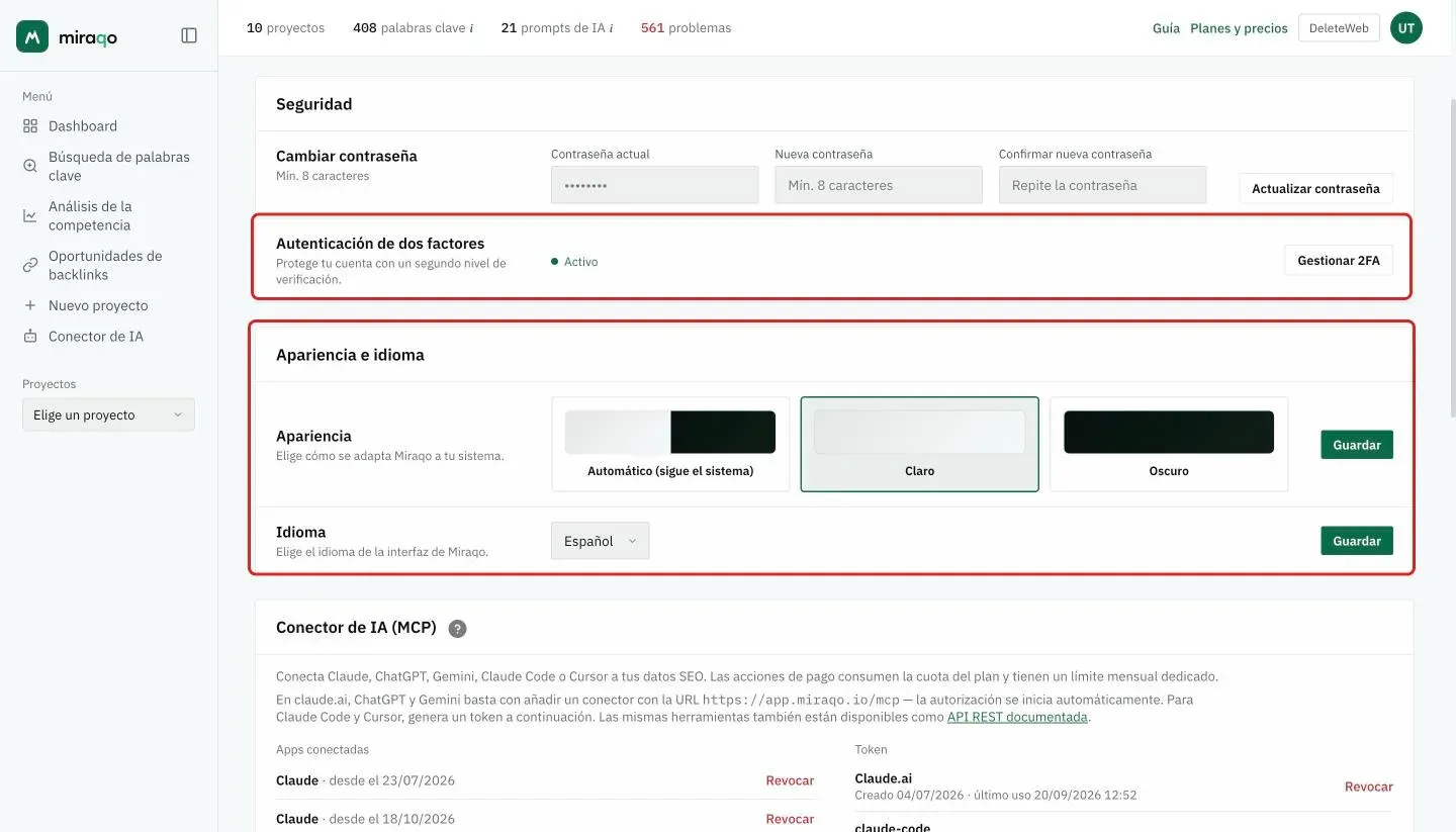 Resaltadas, la fila Autenticación de dos factores, con el estado Activo y el botón Gestionar 2FA, y la tarjeta Apariencia e idioma con las tres opciones Automático, Claro y Oscuro y el menú Idioma, cada uno con su Guardar