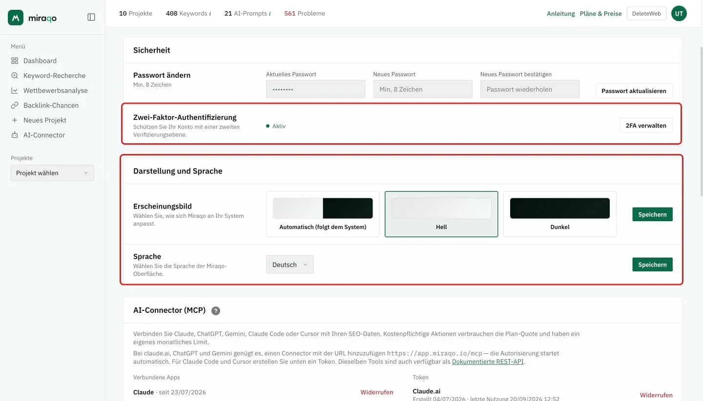 Hervorgehoben die Zeile Zwei-Faktor-Authentifizierung mit dem Status Aktiv und dem Button 2FA verwalten, und die Karte Darstellung und Sprache mit den drei Optionen Automatisch, Hell und Dunkel und dem Menü Sprache, jeweils mit eigenem Speichern