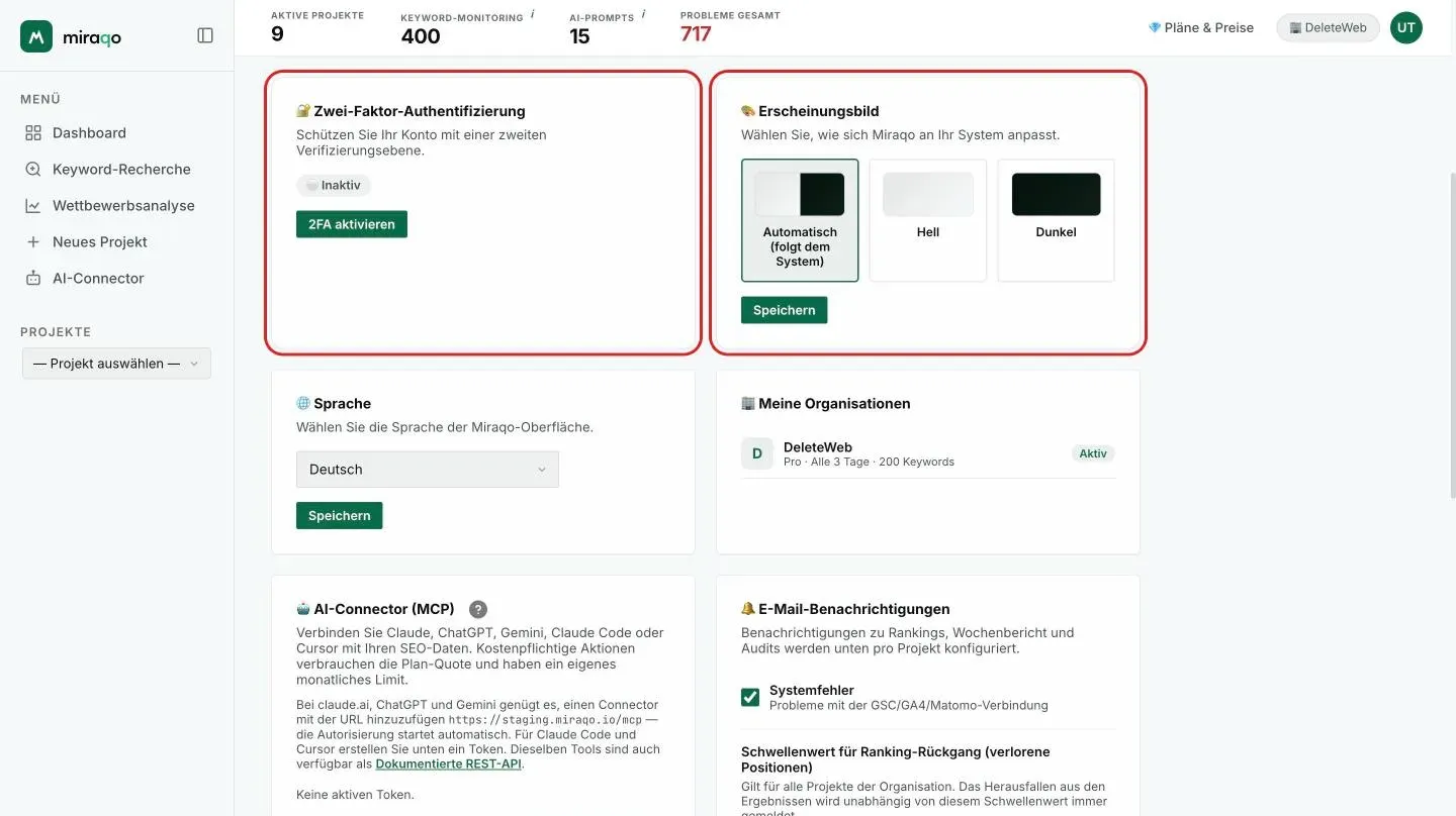 Die hervorgehobene Karte Zwei-Faktor-Authentifizierung mit dem Status Nicht aktiv und dem Button 2FA aktivieren; daneben die Karte Erscheinungsbild mit den drei Optionen Automatisch, Hell und Dunkel