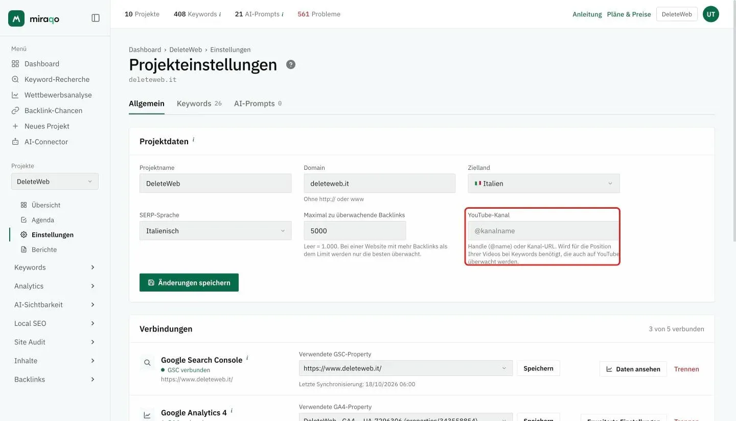 Einstellungen → Allgemein, Karte Projektdaten: das hervorgehobene Feld YouTube-Kanal, mit dem Hinweis, dass es für die Videoposition bei den überwachten Keywords benötigt wird