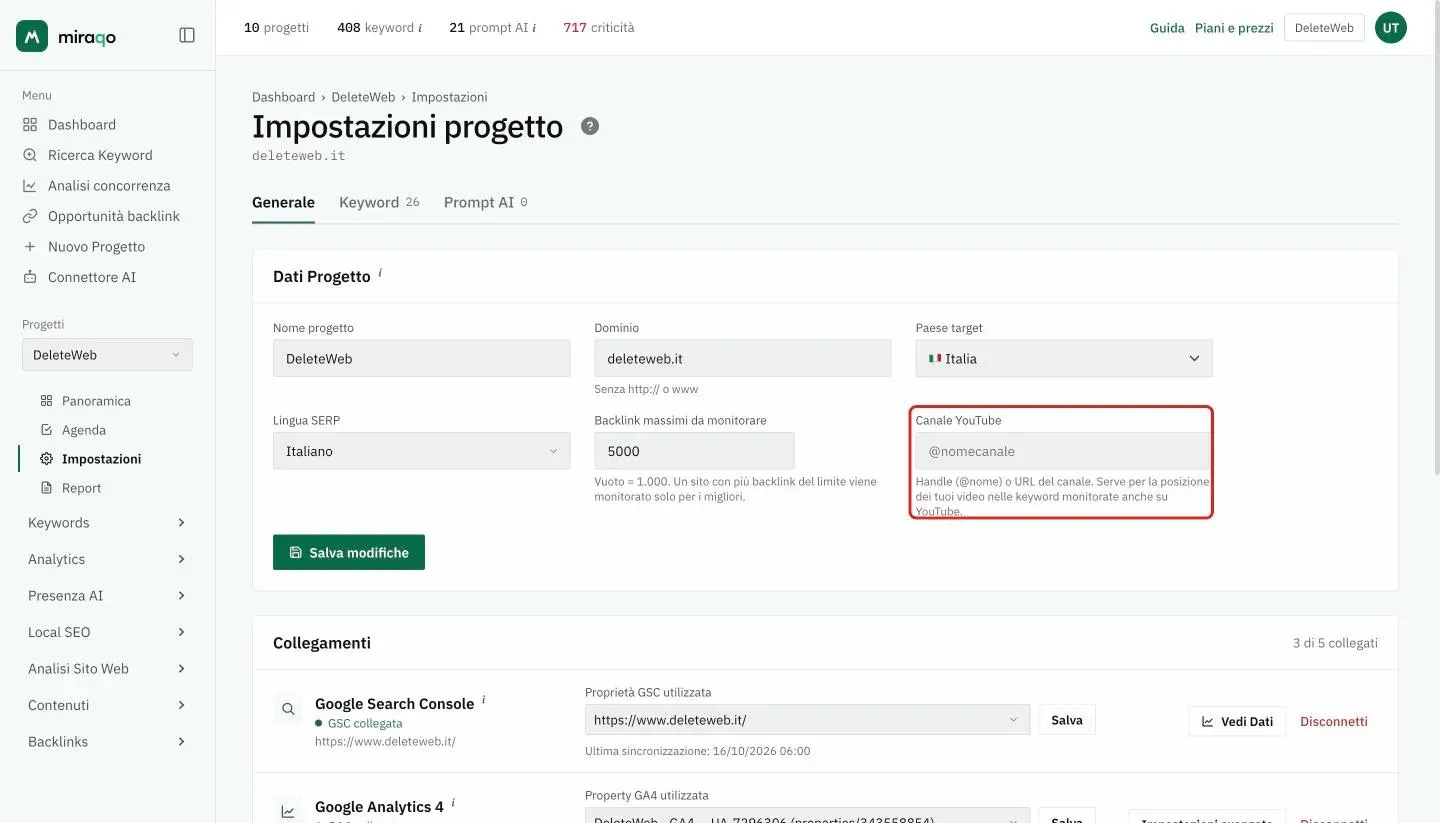 Impostazioni → Generale, card Dati Progetto: il campo Canale YouTube evidenziato, con la nota che serve per la posizione dei video nelle keyword monitorate