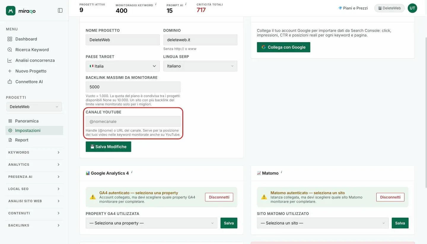 Impostazioni → Generale, card Dati Progetto: il campo Canale YouTube evidenziato, con la nota che serve per la posizione dei video nelle keyword monitorate