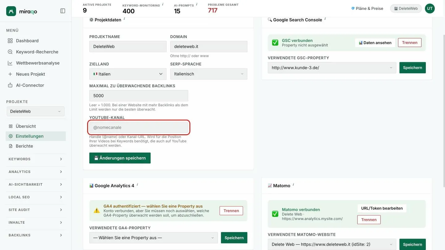 Einstellungen → Allgemein, Karte Projektdaten: das hervorgehobene Feld YouTube-Kanal, mit dem Hinweis, dass es für die Videoposition bei den überwachten Keywords benötigt wird