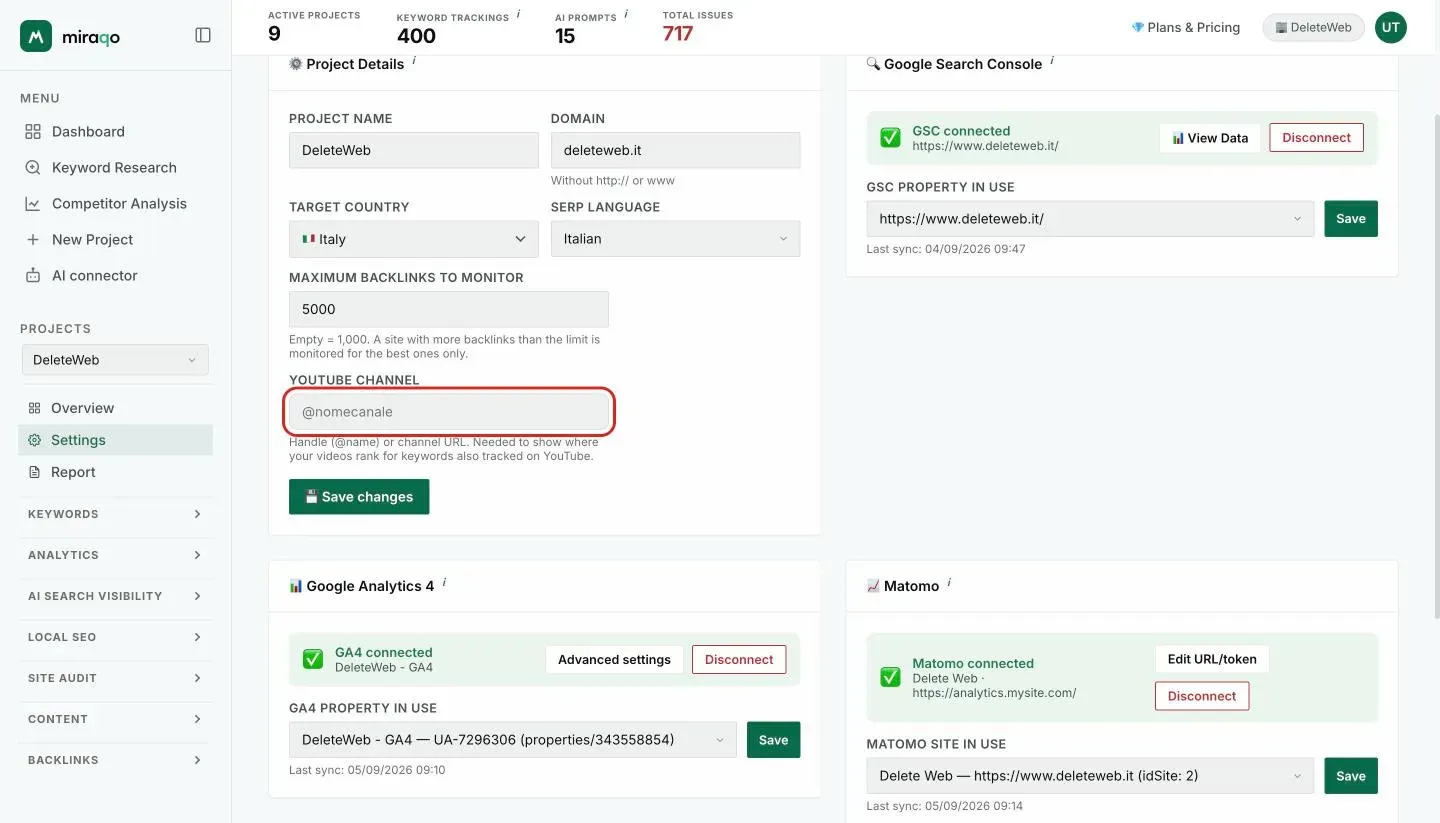 Settings → General, Project Data card: the YouTube Channel field, highlighted, with the note that it’s needed for video position on monitored keywords