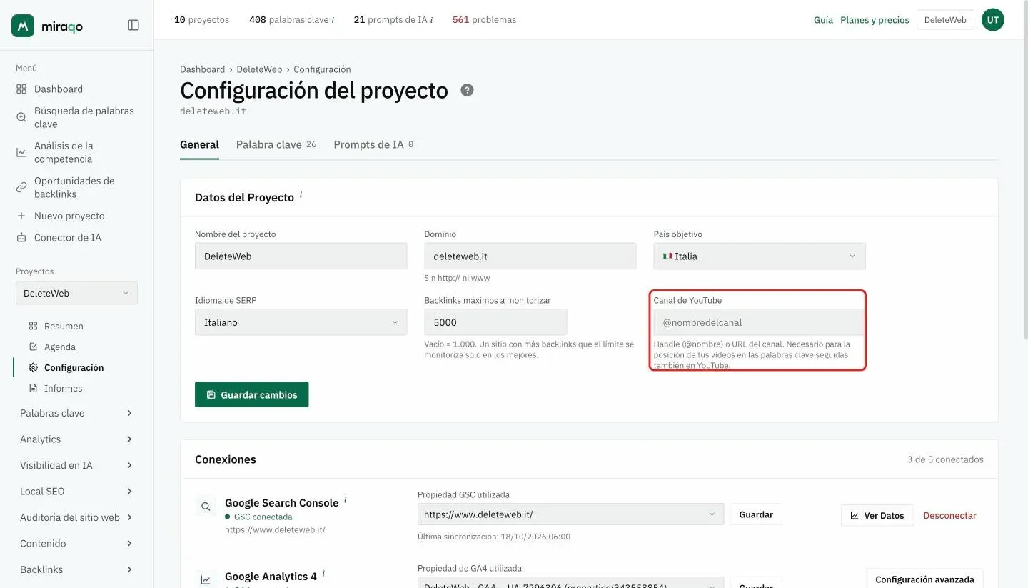Configuración → General, tarjeta Datos del proyecto: el campo Canal de YouTube resaltado, con la nota de que sirve para la posición de los vídeos en las palabras clave monitorizadas