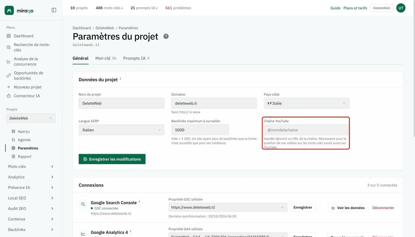 Paramètres → Général, carte Données du projet : le champ Chaîne YouTube mis en évidence, avec la note indiquant qu’il sert à la position des vidéos dans les mots-clés suivis