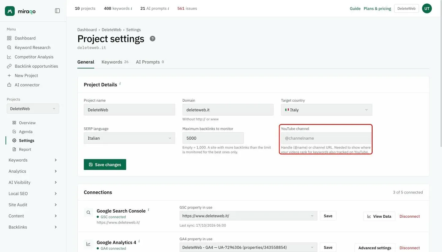 Settings → General, Project Details card: the YouTube channel field, highlighted, with the note that it’s needed for video position on monitored keywords
