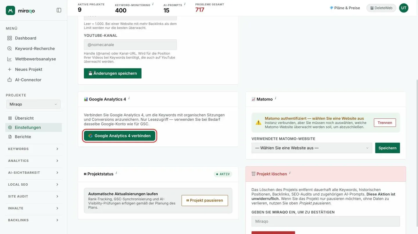 Die Karte Google Analytics 4 in Einstellungen → Allgemein, vor der Verbindung, mit dem hervorgehobenen Button Google Analytics 4 verbinden