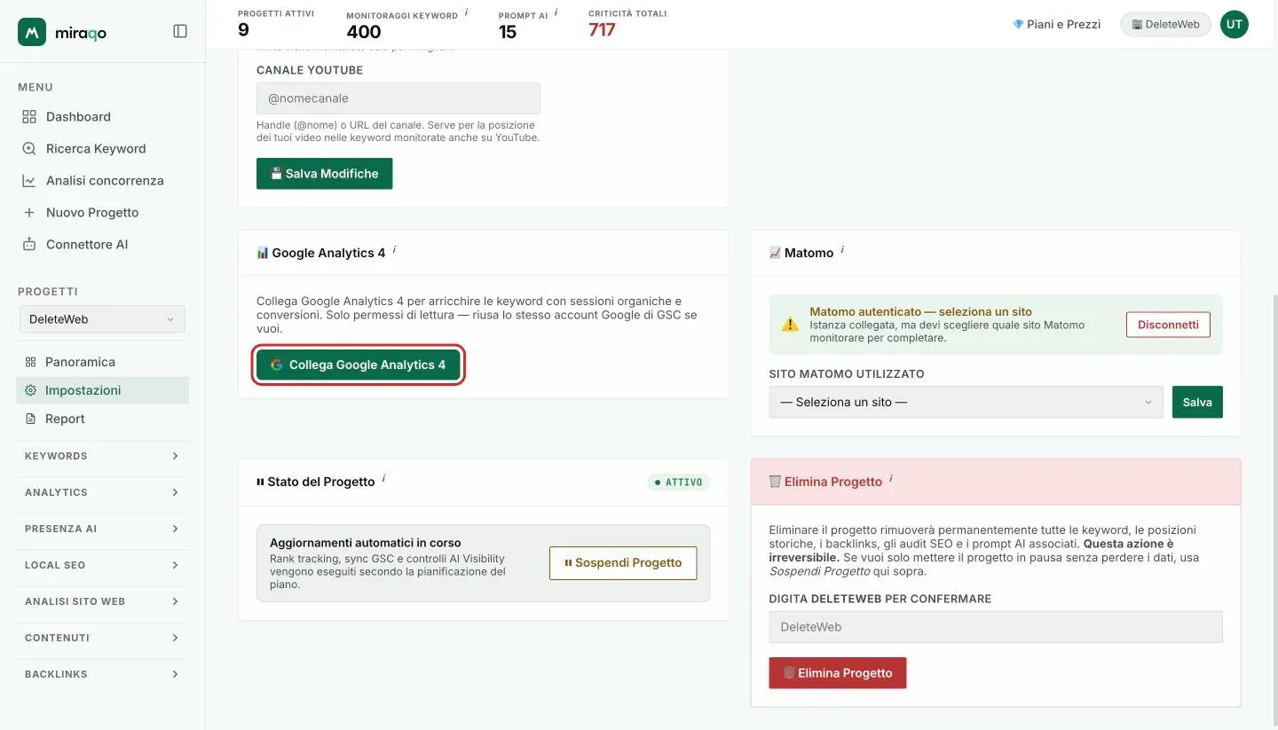 La card Google Analytics 4 in Impostazioni → Generale, prima del collegamento, con il bottone Collega Google Analytics 4 evidenziato