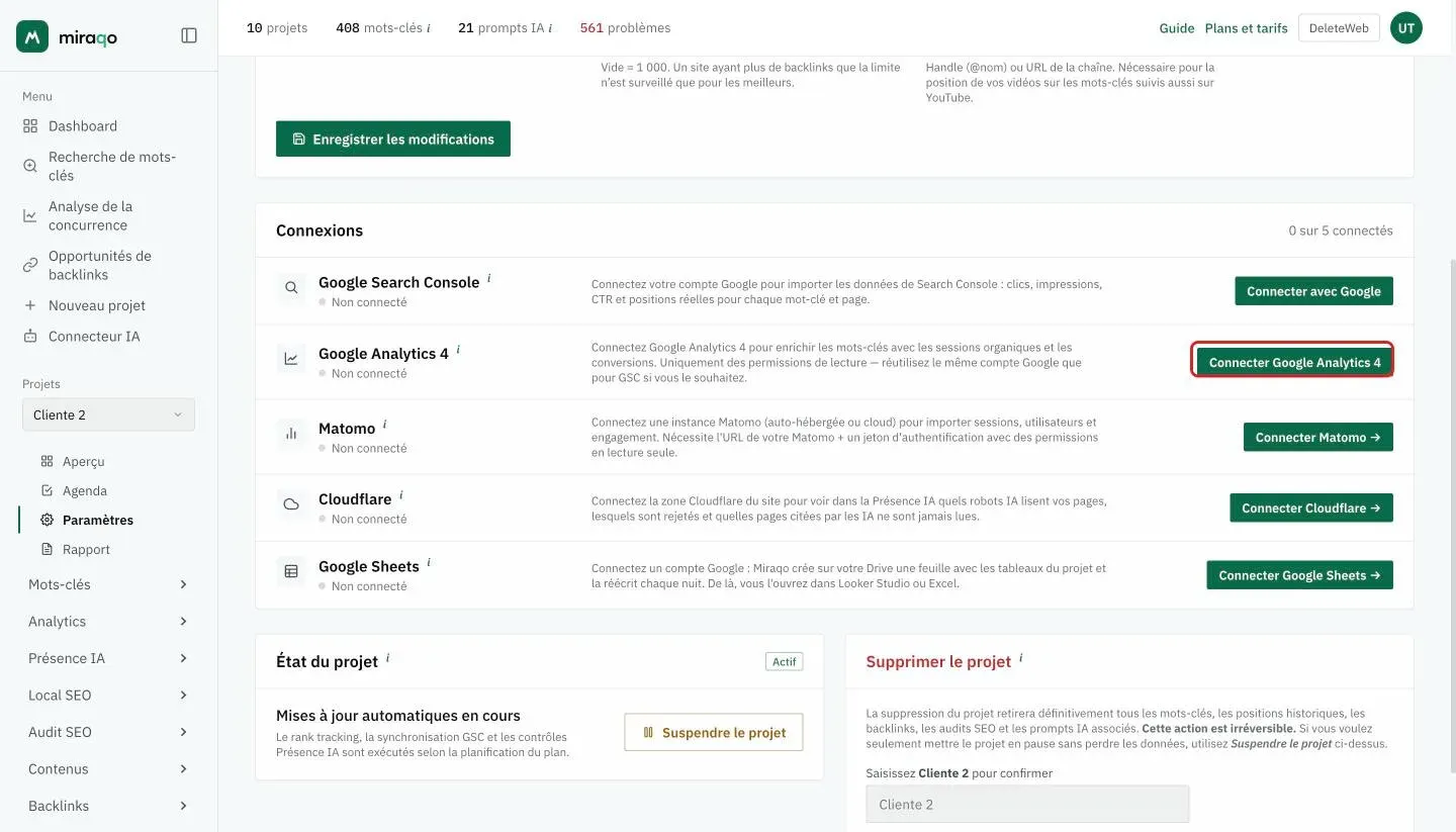 La carte Connexions dans Paramètres → Général : la ligne Google Analytics 4 non connectée, avec à droite le bouton Connecter Google Analytics 4 mis en valeur