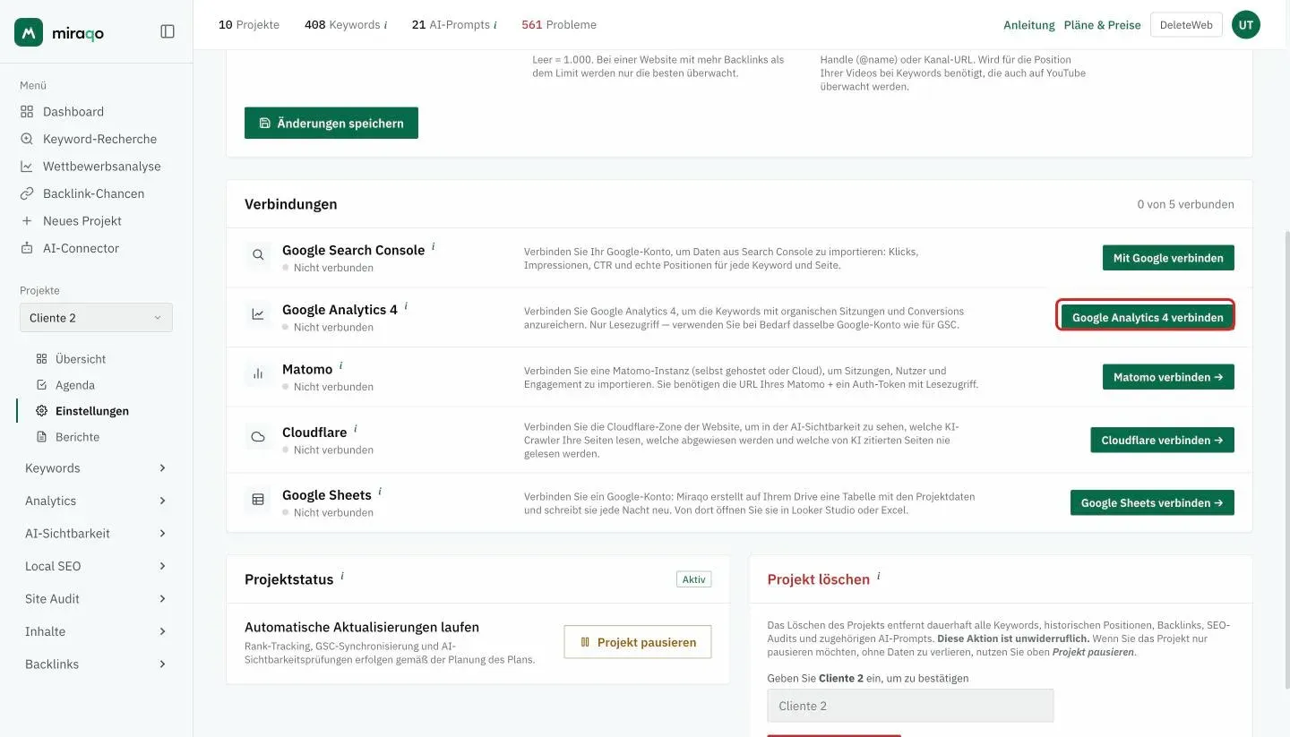 Die Karte Google Analytics 4 in Einstellungen → Allgemein, vor der Verbindung, mit dem hervorgehobenen Button Google Analytics 4 verbinden