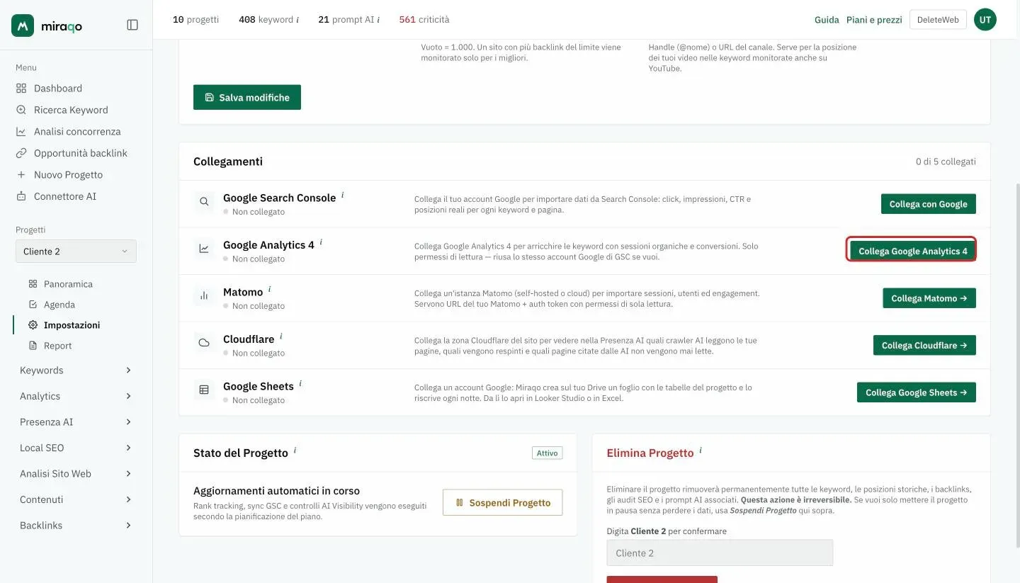 La card Collegamenti in Impostazioni → Generale: la riga Google Analytics 4 non collegata, con il bottone Collega Google Analytics 4 evidenziato a destra