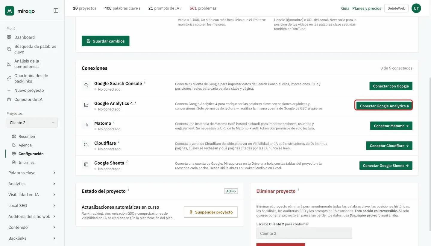 La tarjeta Conexiones en Configuración → General: la fila Google Analytics 4 sin conectar, con el botón Conectar Google Analytics 4 resaltado a la derecha