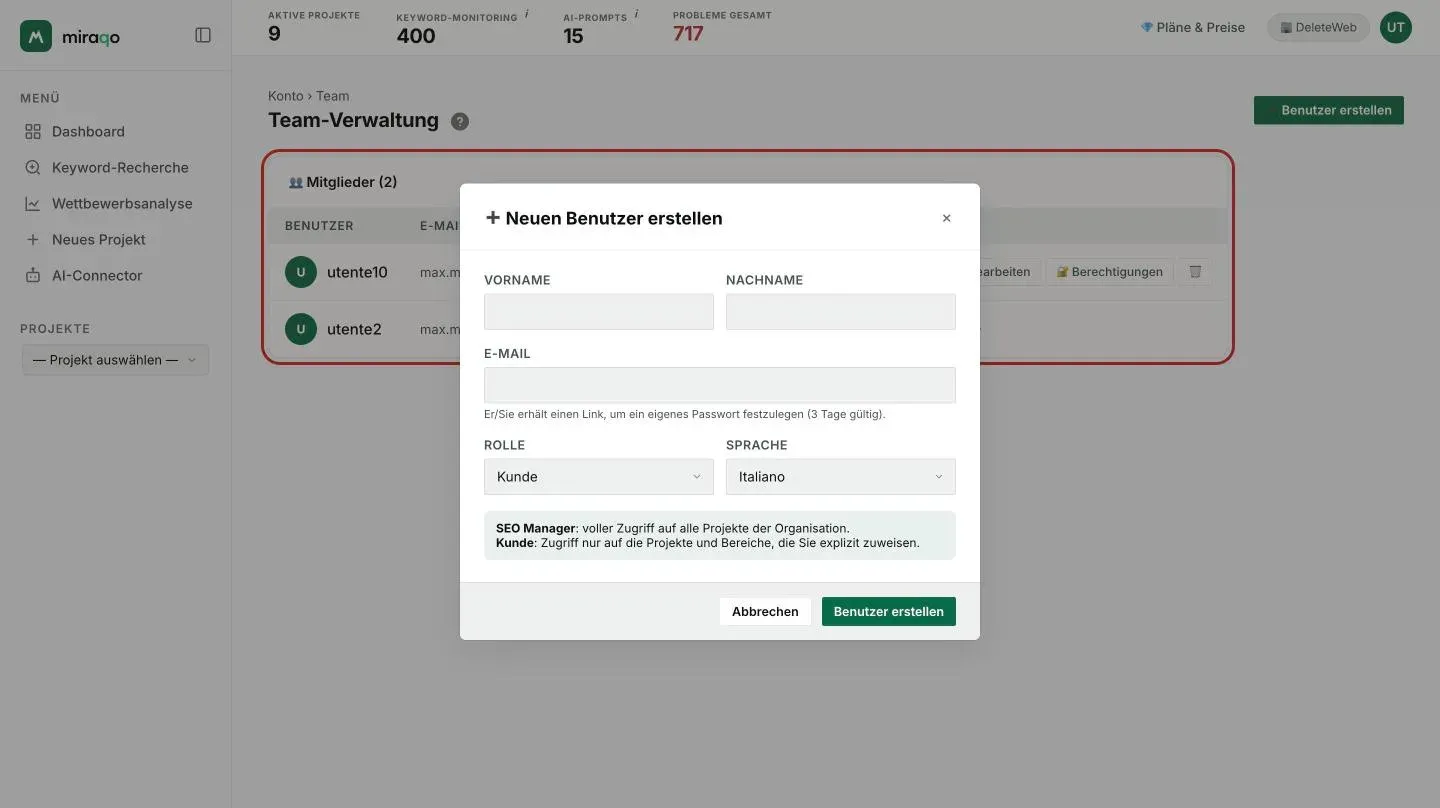 Das Fenster Neuen Nutzer erstellen: Vorname, Nachname, E-Mail mit dem Hinweis auf den 3 Tage gültigen Link, Rolle auf Kunde, Sprache auf Italienisch, die Erklärung der beiden Rollen und die Buttons Abbrechen und Nutzer erstellen