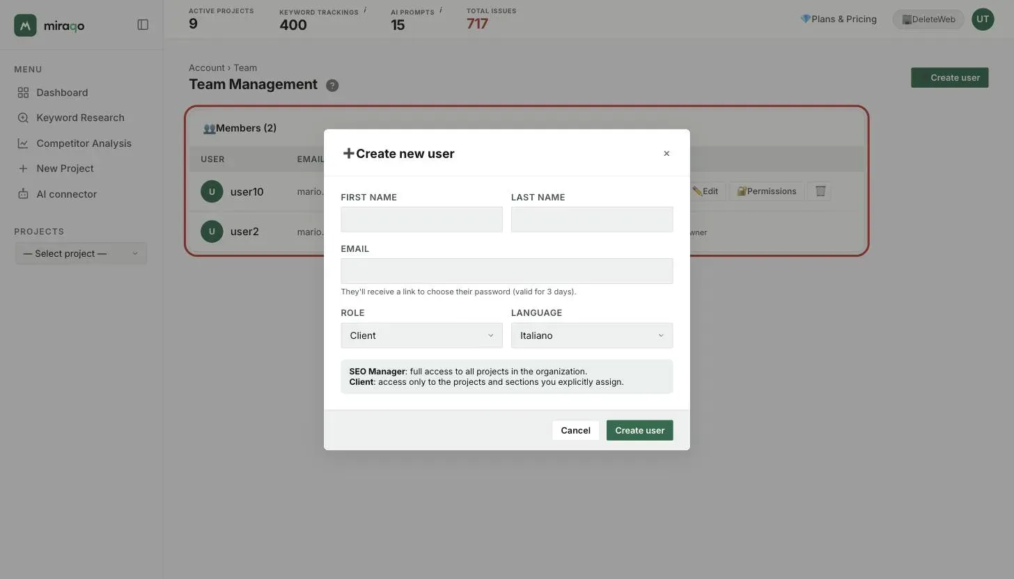 The Create new user window: First name, Last name, Email with the note about the 3-day valid link, Role set to Client, Language set to Italian, the explanation of the two roles and the Cancel and Create user buttons