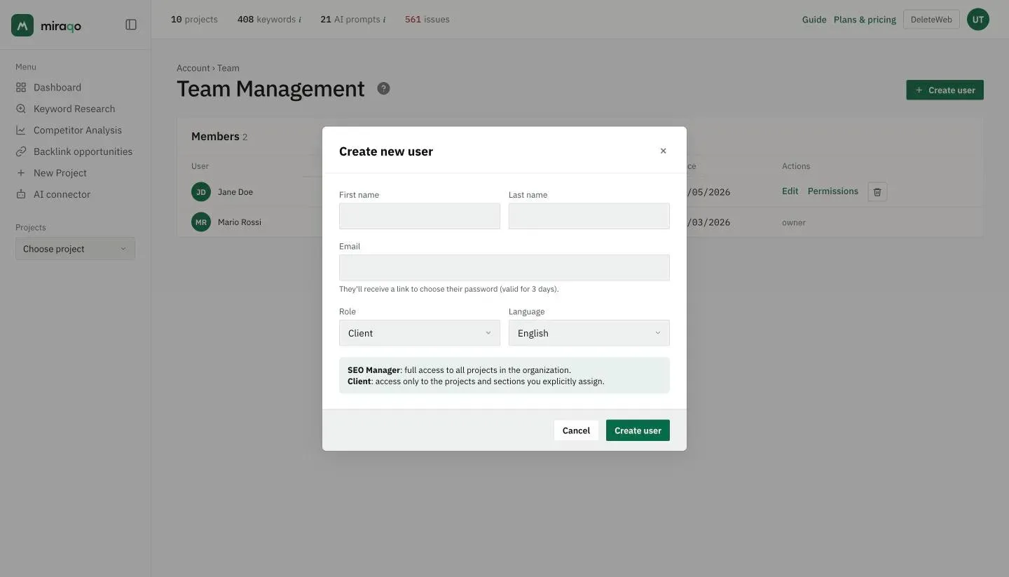 The Create new user window: First name, Last name, Email with the note about the 3-day valid link, Role set to Client, Language set to English, the explanation of the two roles and the Cancel and Create user buttons