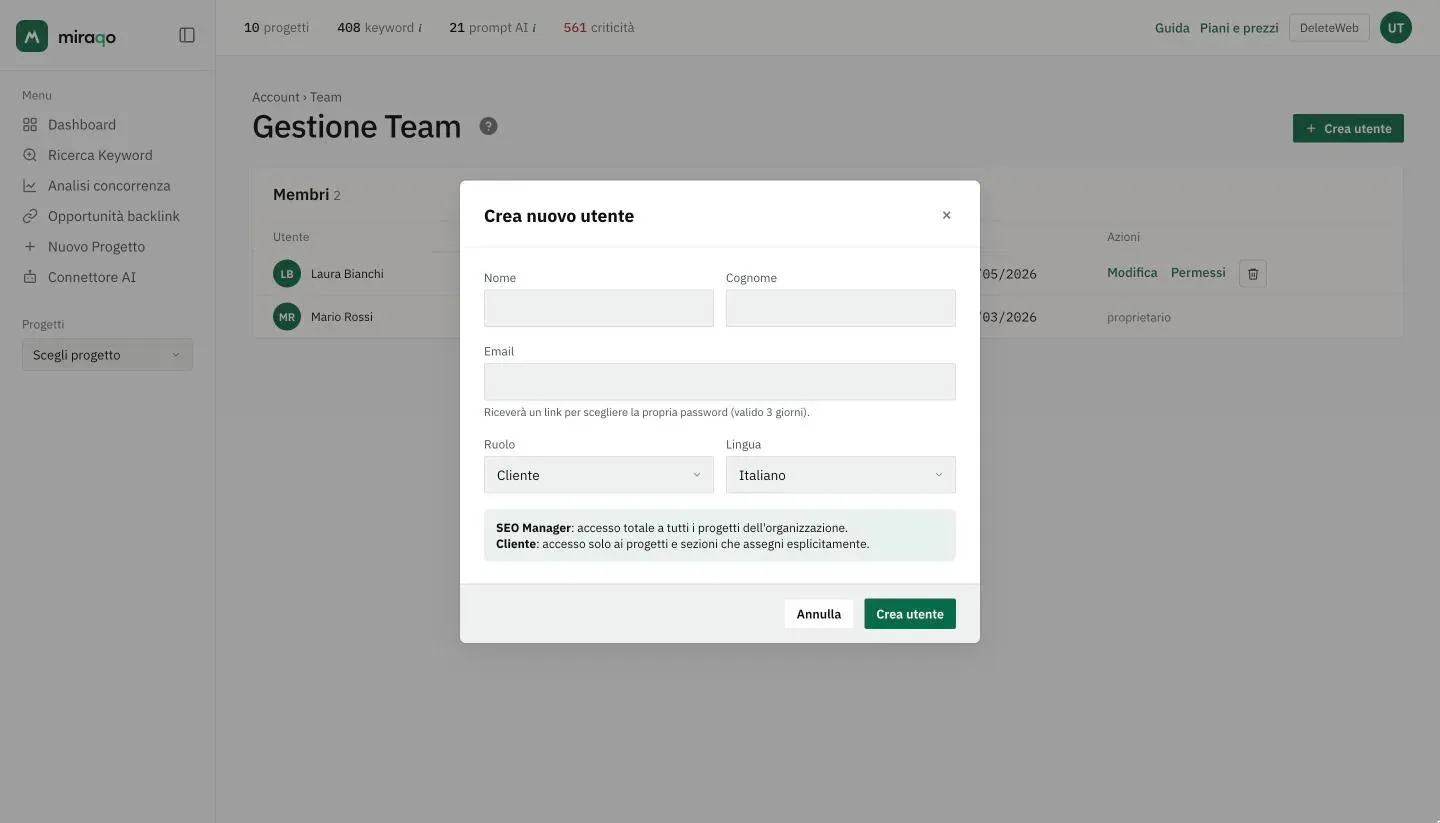 La finestra Crea nuovo utente: Nome, Cognome, Email con la nota sul link valido 3 giorni, Ruolo su Cliente, Lingua su Italiano, la spiegazione dei due ruoli e i pulsanti Annulla e Crea utente
