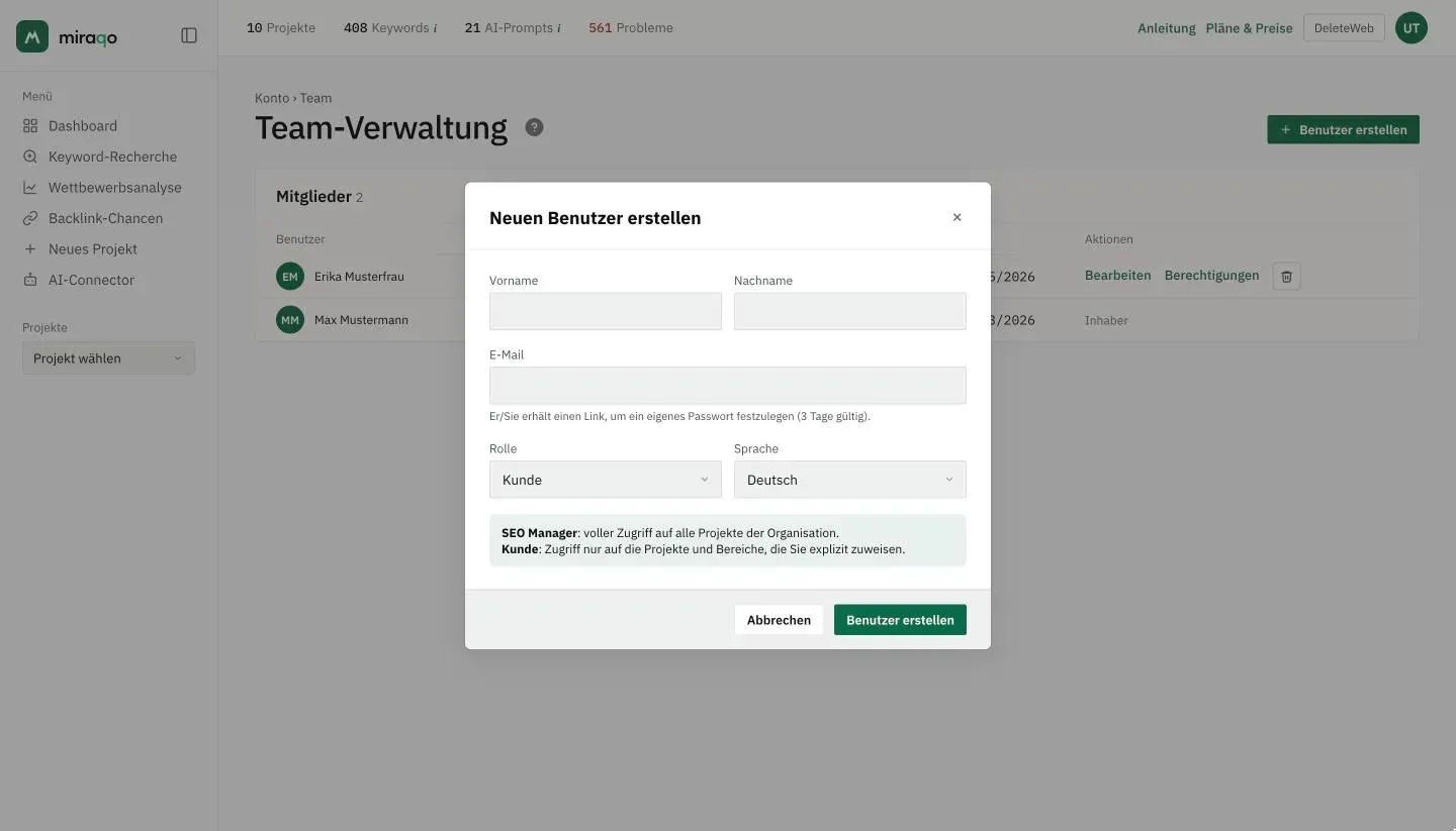 Das Fenster Neuen Benutzer erstellen: Vorname, Nachname, E-Mail mit dem Hinweis auf den 3 Tage gültigen Link, Rolle auf Kunde, Sprache auf Deutsch, die Erklärung der beiden Rollen und die Buttons Abbrechen und Benutzer erstellen